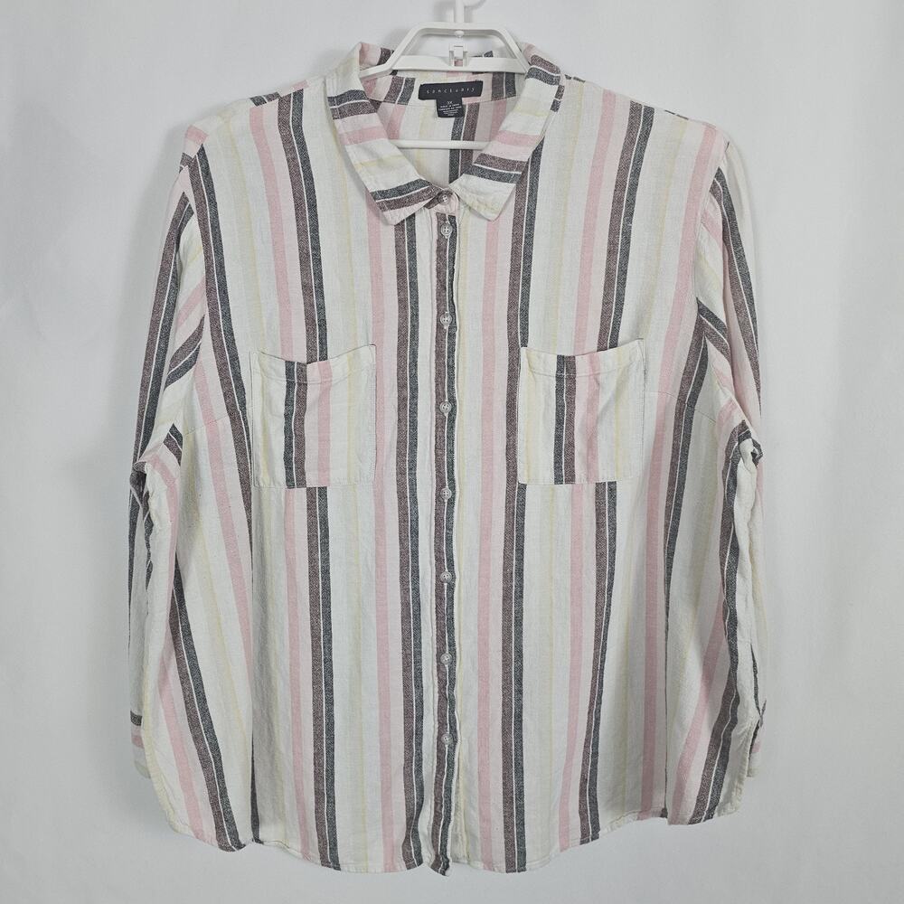 Sanctuary 3X Boyfriend Shirt Pastel Striped Linen Rayon Button Down Plus Size
